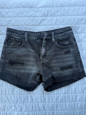 KanCan Black Distressed Rolled-Hem Jean Shorts